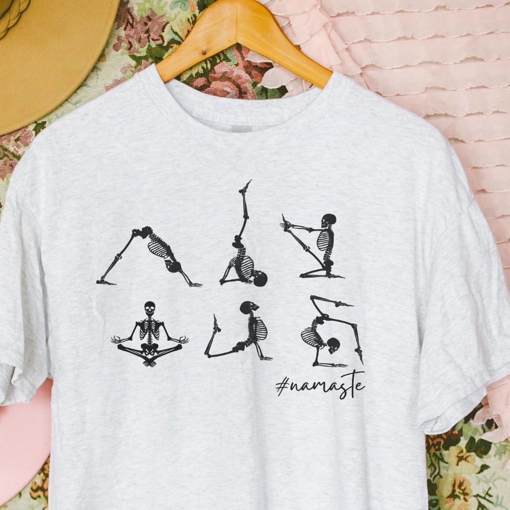 Halloween Namaste Yoga Skeletons on Ash T Shirt